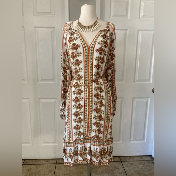 Loft Floral Stripe Split Neck Swing Dress size M - Picture 4 of 11